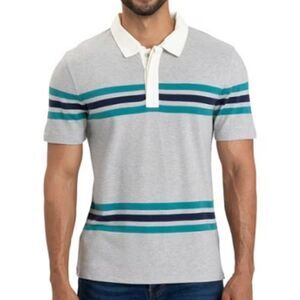 Threads 4 Thought Organic Cotton Rugby Polo Shirt, Medium, Grey & Blue Stripes